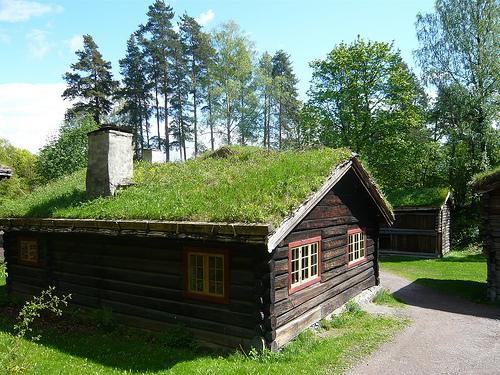 old wood clad house with a sod (grass) roof
